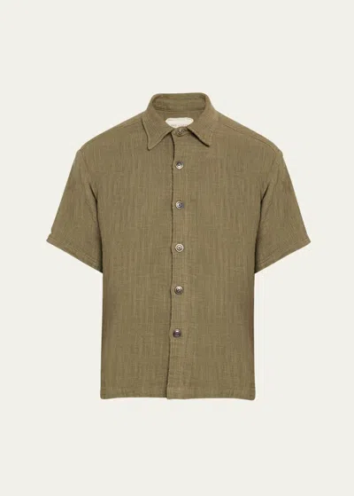 Shop Greg Lauren Men's Linen Button-down Shirt In Army