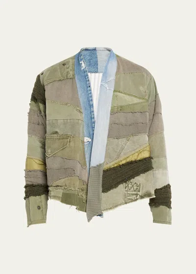 Shop Greg Lauren Men's Mixed Cotton Patchwork Tent Cropped Jacket In Army
