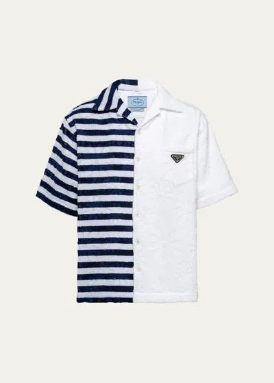 Shop Prada Men's Spongy Double Match Camp Shirt In Bianco Bluette
