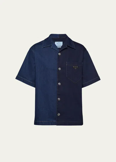 Shop Prada Men's Denim Double Match Camp Shirt In Blue Blue