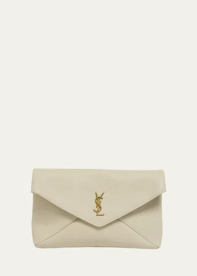 Shop Saint Laurent Large Ysl Envelope Pouch Clutch Bag In Leather In Crema Soft