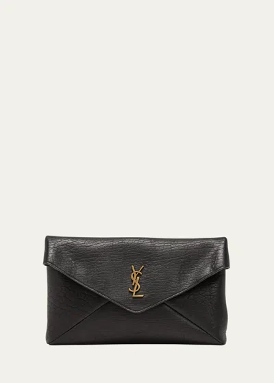 Saint Laurent Cassandre Textured-leather Clutch In Black