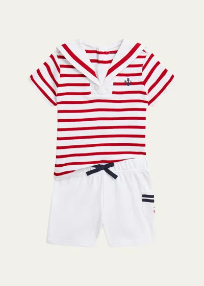 Shop Ralph Lauren Boy's Interlock Sailor Top, Cardigan And Shorts Set In Ralph Red/white M
