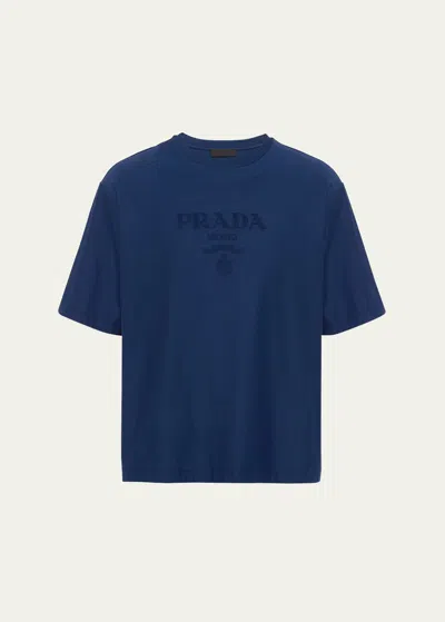 Shop Prada Men's Jersey Logo T-shirt In Bleu