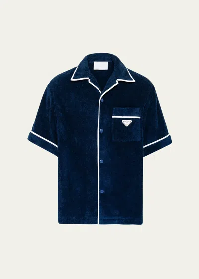 Shop Prada Men's Terry Cloth Camp Shirt In Bleu