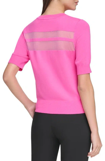 Shop Dkny Sheer Stripe Short Sleeve Sweater In Shocking Pink