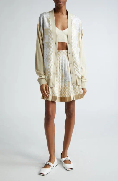 Shop Versace Barocco Pleated Checkerboard Silk Miniskirt In Light Sand Whitesilver