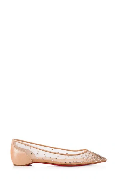 Shop Christian Louboutin Follies Crystal Embellished Mesh Pointed Toe Flat In Light Silk