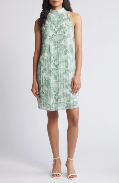 Shop Halogen (r) Floral Print Release Pleat Mock Neck Dress In Subtle Grey