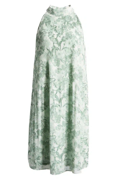 Shop Halogen Floral Print Release Pleat Mock Neck Dress In Subtle Grey