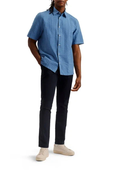 Shop Ted Baker Verdon Relaxed Fit Solid Short Sleeve Cotton Seersucker Button-up Shirt In Blue