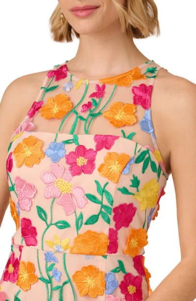Shop Adrianna Papell Floral Embroidered A-line Midi Dress In Pink/ Yellow Multi