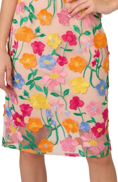Shop Adrianna Papell Floral Embroidered A-line Midi Dress In Pink/ Yellow Multi