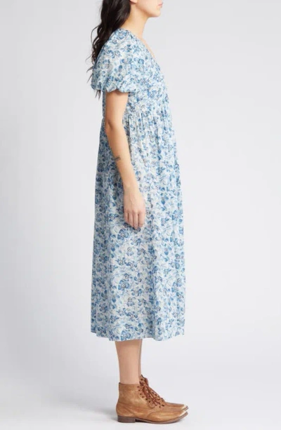 Shop The Great The Gallery Floral Cotton Midi Dress In Light Sky Pressed Floral Print