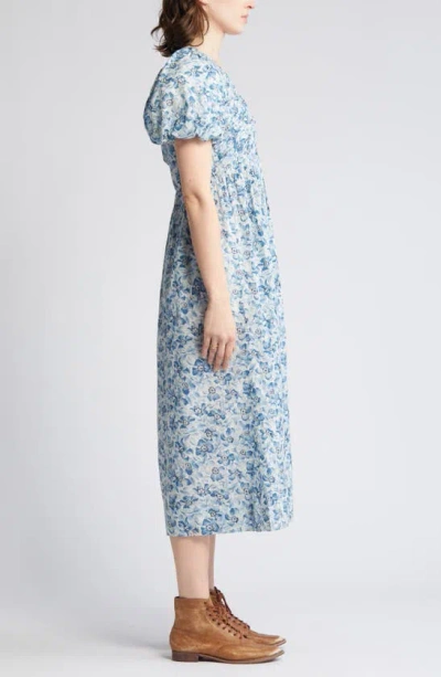 Shop The Great The Gallery Floral Cotton Midi Dress In Light Sky Pressed Floral Print