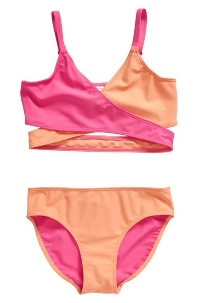 Shop Nordstrom Kids' Crossover Two-piece Swimsuit In Pink Sunset- Coral Colorblock