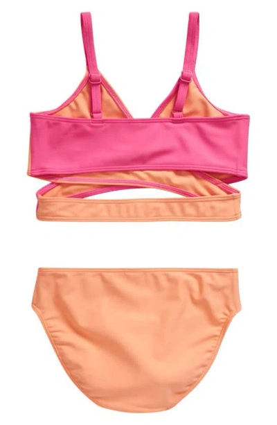 Shop Nordstrom Kids' Crossover Two-piece Swimsuit In Pink Sunset- Coral Colorblock