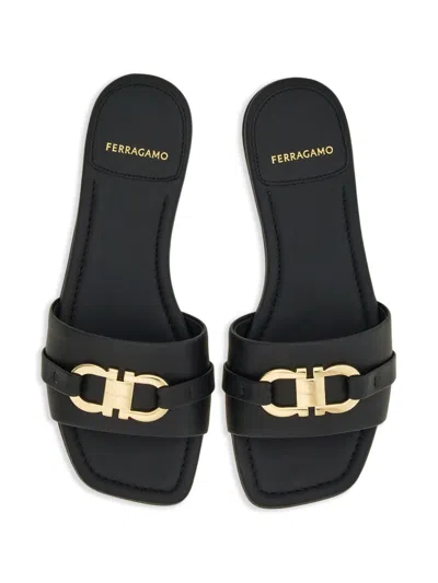 Shop Ferragamo Gancini Leather Flat Sandals In Black