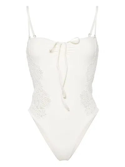 Shop Ermanno Scervino Lace Detail Swimsuit In White