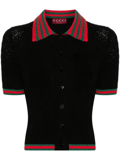 Shop Gucci Lace Cotton Polo Shirt In Black