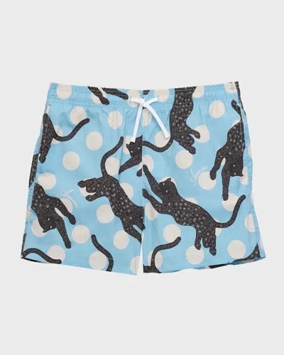 Shop Amiri Boy's Polka Dot & Leopard-print Swim Shorts In Air Blue