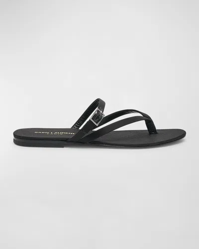 Shop Saint Laurent Silk Crystal-buckle Thong Sandals In Black