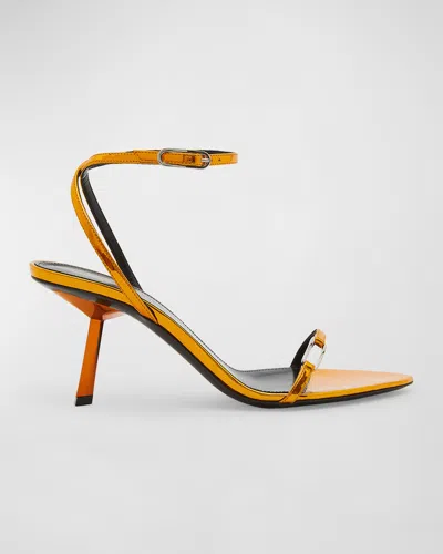 Shop Saint Laurent Sleek Mirror Ankle-strap Kitty Sandals In Tangerine