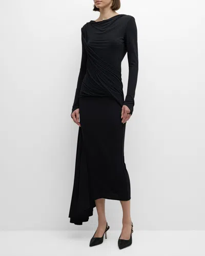 Shop Givenchy Draped Backless Long-sleeve Asymmetrical Midi Dress In Black