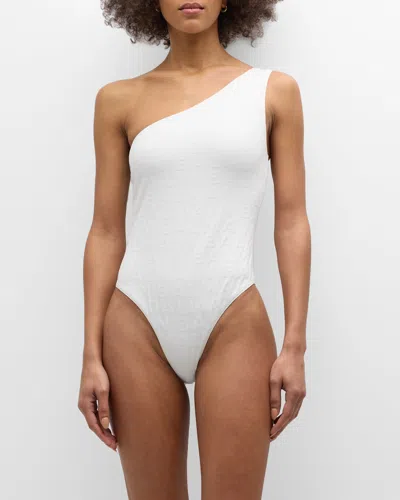 Shop Balmain Logo Embossed One-shoulder One-piece Swimsuit In Ivory