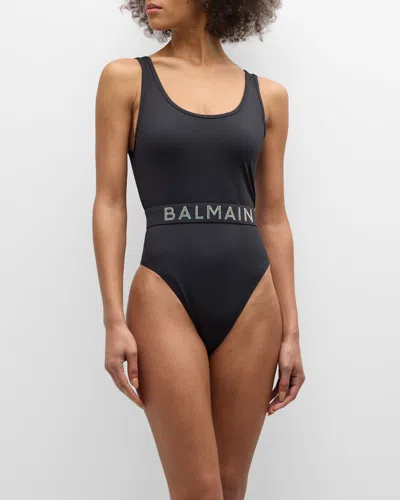 Shop Balmain Crystal Logo Belted One-piece Swimsuit In Black
