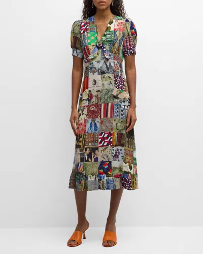 Shop Libertine Bloomsbury Collage-print Sicilian Short-sleeve Midi Dress In Mul