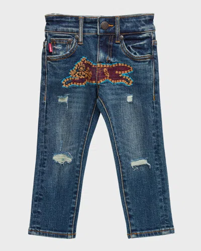 Shop Icecream Boy's Jeans W/ Embroidered Cat In Blue Chocolate