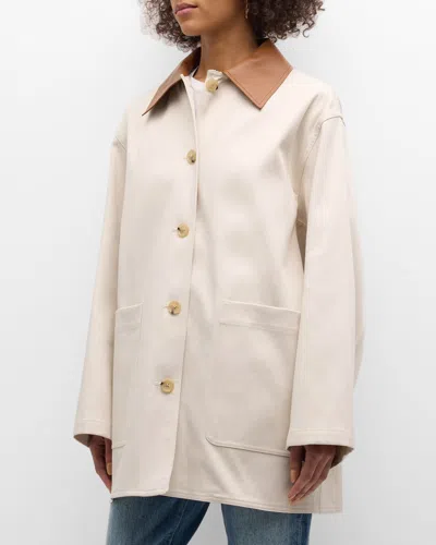 Shop Totême Organic Cotton Barn Jacket With Leather Collar In Light/pastel Grey
