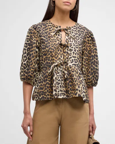Shop Ganni Printed Self-tie Peplum Blouse In Leopard