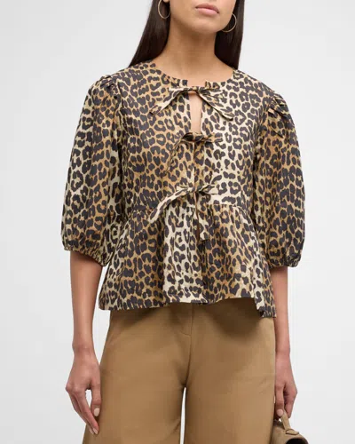 Ganni Multicolor Blouse With Front Tie Closure And All-over Leopard Motif In Cotton Woman In Leopard