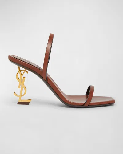 Shop Saint Laurent Opyum Leather Ysl-heel Slide Sandals In Caramel