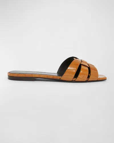 Shop Saint Laurent Tribute Woven Flat Slide Sandals In Cognac Brown