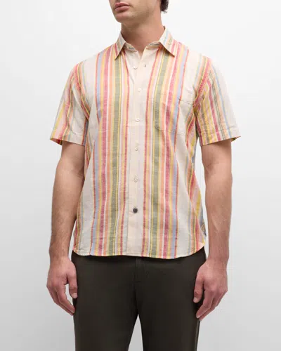 Shop Original Madras Trading Co. Men's Lax Striped Short-sleeve Button-front Shirt In Orange White Mix