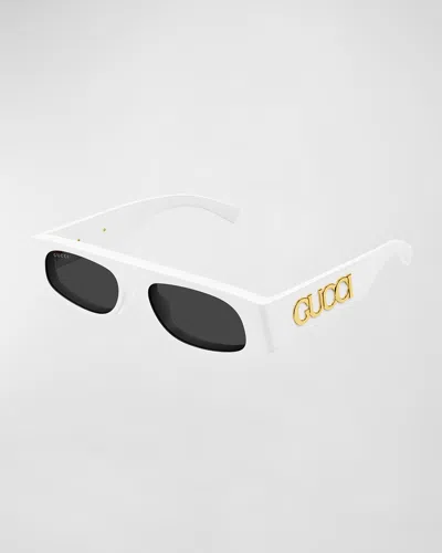 Shop Gucci Logo Acetate Rectangle Sunglasses In White