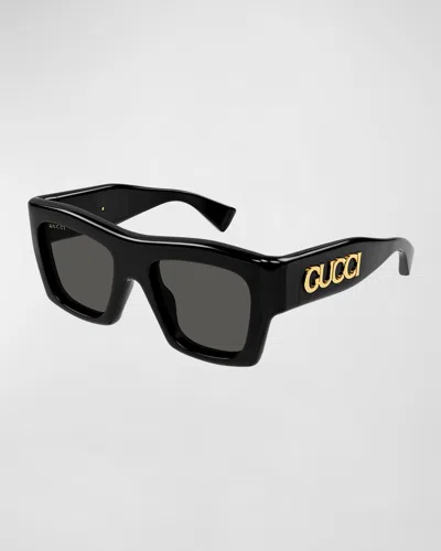 Shop Gucci Logo Acetate Rectangle Sunglasses In Black