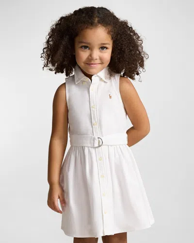 Shop Ralph Lauren Girl's Classic Oxford Belted Dress W/ Bloomers In Bsr White