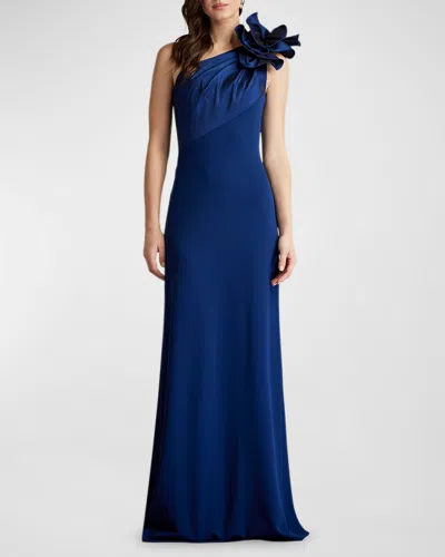 Shop Tadashi Shoji Ruffle Two-tone One-shoulder Gown In Navy