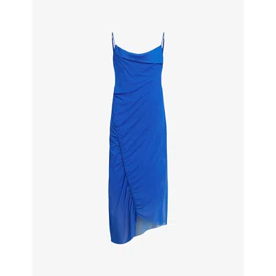 Shop Allsaints Women's Electric Blue Ulla Cowl-neck Draped Recycled Polyester-blend Midi Dress