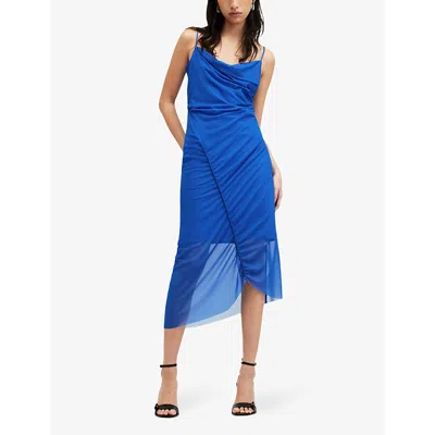 Shop Allsaints Women's Electric Blue Ulla Cowl-neck Draped Recycled Polyester-blend Midi Dress