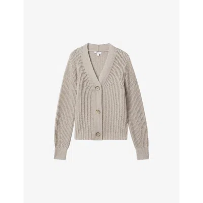Shop Reiss Women's Neutral Ariana Relaxed-fit Ribbed Cotton And Linen-blend Cardigan