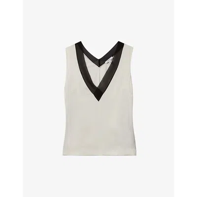 Shop Reiss Women's Ivory/navy Pippa Colour-block Stretch-silk Top
