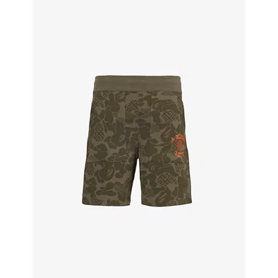 Shop A Bathing Ape Men's Olive Drab Asia Camo Brand-embroidered Cotton-jersey Shorts