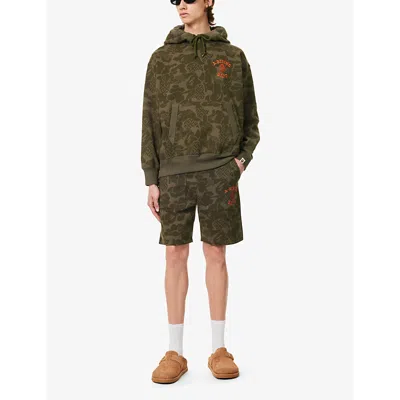 Shop A Bathing Ape Men's Olive Drab Asia Camo Brand-embroidered Cotton-jersey Shorts
