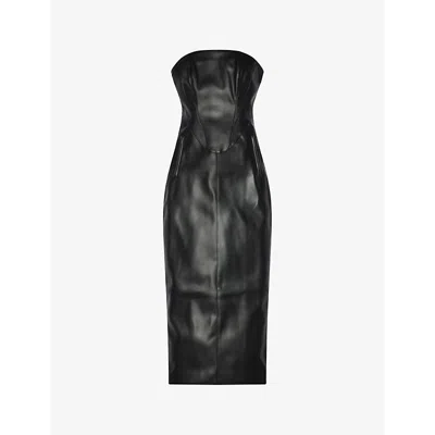Shop Khy Women's Black Strapless Zip-slit Faux-leather Midi Dress