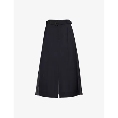 Shop Sacai Women's Navy Pinstripe-pattern A-line Woven Midi Skirt